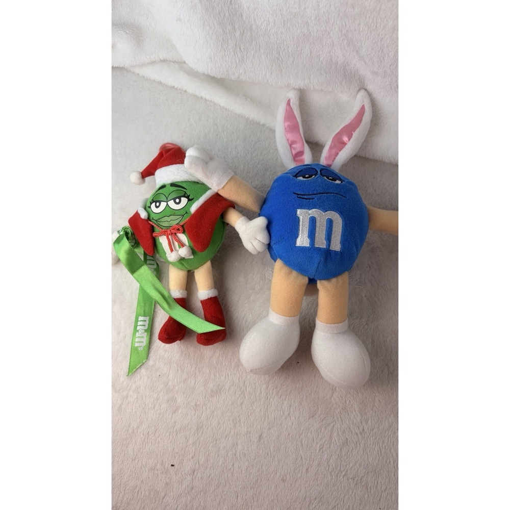 Lot of 2 Vintage M&M's Plushies Blue Easter Bunny 10.5" & Green Christmas Clip